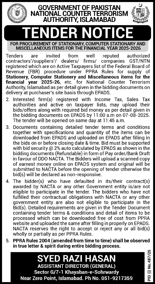 National Counter Terrorism Authority Islamabad Tender Notice